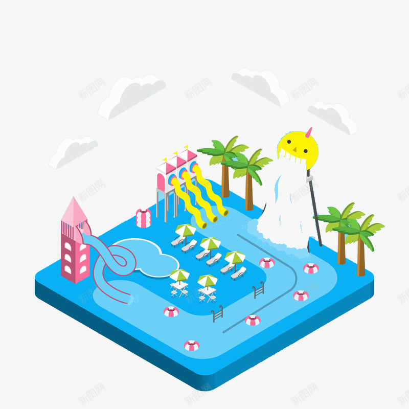 手绘创意蓝色的小岛png免抠素材_88icon https://88icon.com 卡通手绘 小岛 树木 椰树 水彩 泳池 海水 蓝色