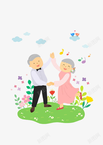 卡通花园跳舞的老人png免抠素材_88icon https://88icon.com 卡通 老人跳舞 舞蹈的老人家 花园跳舞的老人 花朵 草地上的人物 音乐