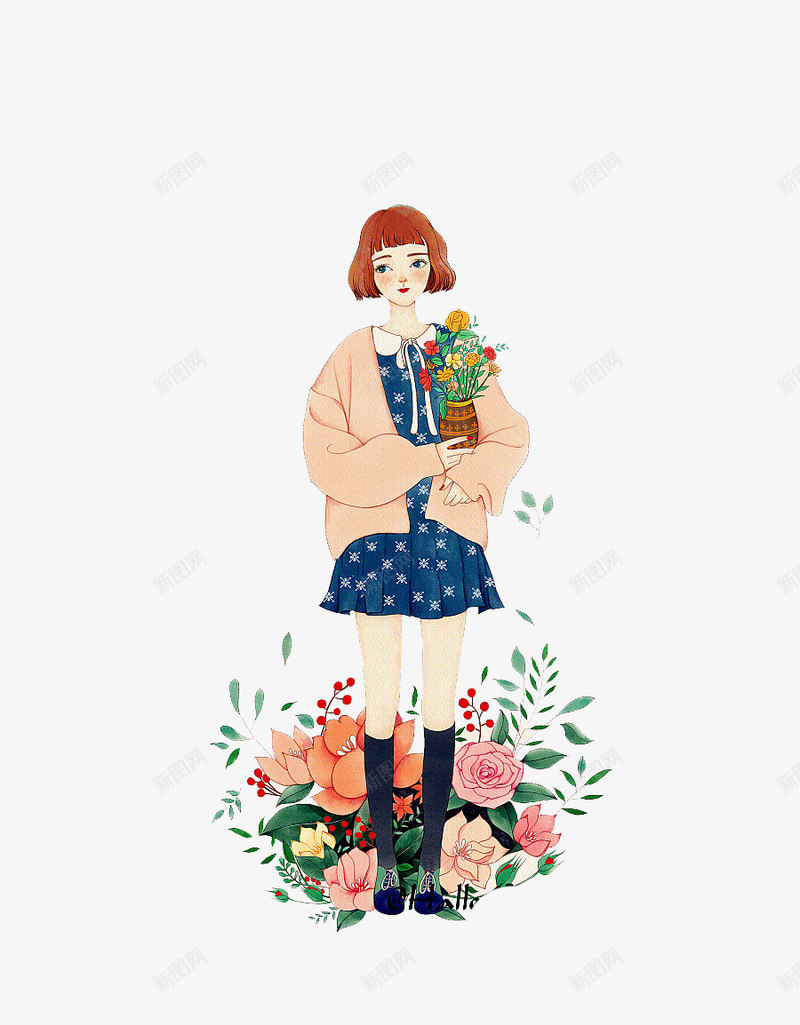 清新拿花少女png免抠素材_88icon https://88icon.com 少女 拿花 插画 清新