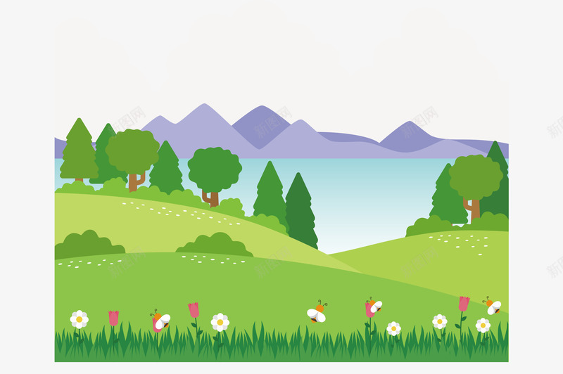 绿色乡村山水春季踏青png免抠素材_88icon https://88icon.com ai 乡村 乡村山水 卡通 可爱 山 彩虹 旅游 旅游背景 树 树木踏青 漂亮 绿色 花草 草原 蓝天