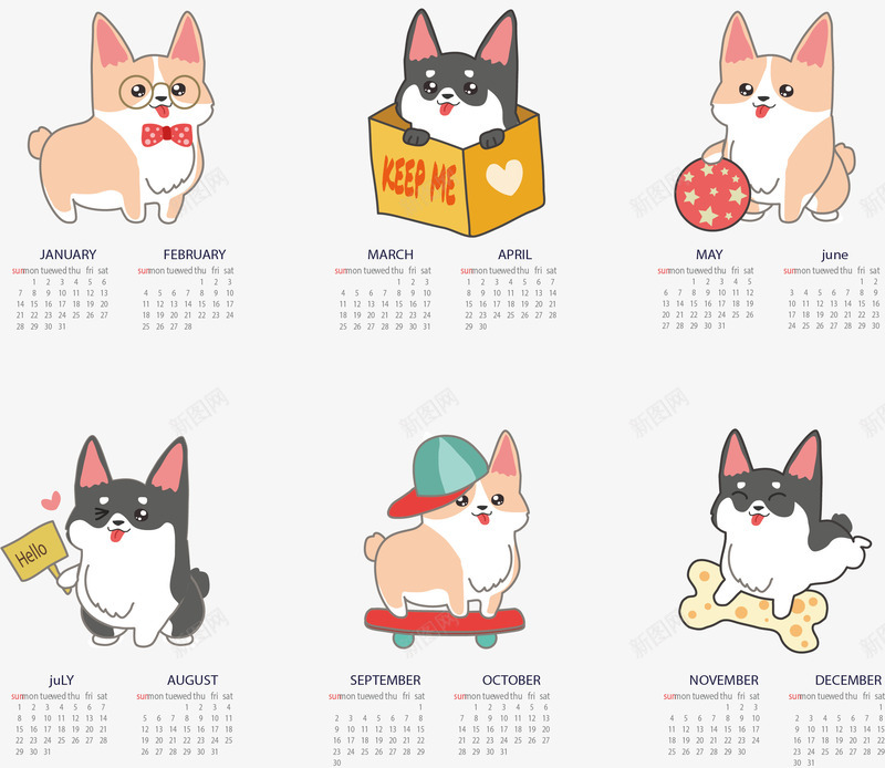 可爱小狗2018日历矢量图ai免抠素材_88icon https://88icon.com 2018日历 可爱小狗 日历 狗年日历 矢量png 矢量图