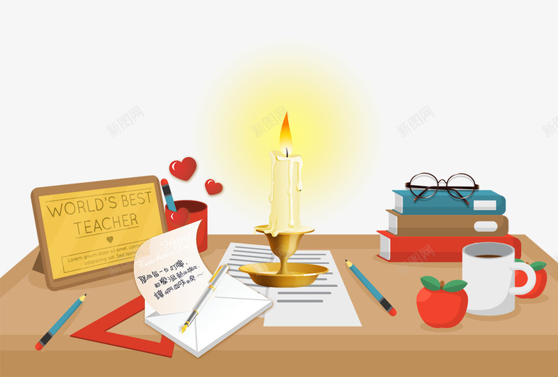 卡通书桌png免抠素材_88icon https://88icon.com 上课 书本 书桌 卡通书桌 师生 教学 老师 蜡烛