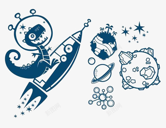 遨游太空png免抠素材_88icon https://88icon.com 恐龙 手绘太空 星星 星球 氧气罩 火箭