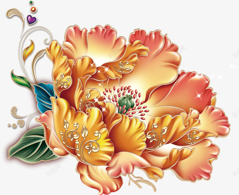 手绘金色富贵花画报png免抠素材_88icon https://88icon.com 富贵 画报 金色