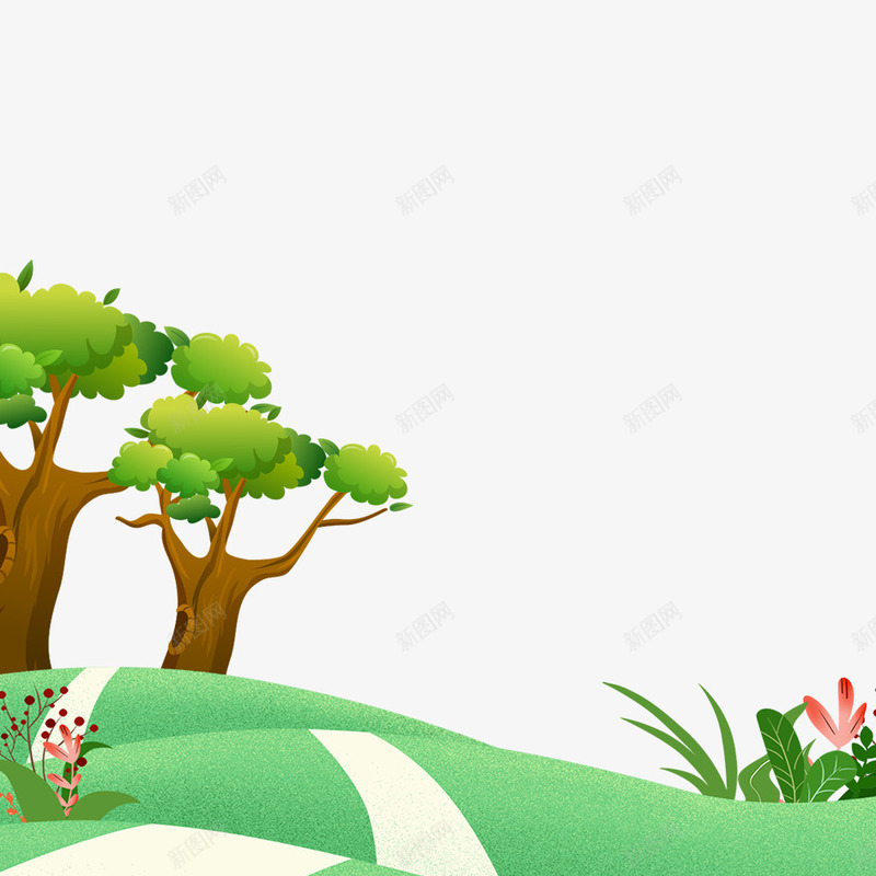 卡通绿色景色psd免抠素材_88icon https://88icon.com 唯美绿色 唯美鲜花 大树 景色 树木 植物 绿色植物 绿草地 鲜花
