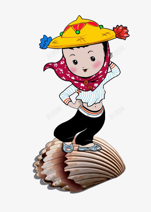 站在贝壳上的惠安女png免抠素材_88icon https://88icon.com 卡通 惠安女 站立 贝壳