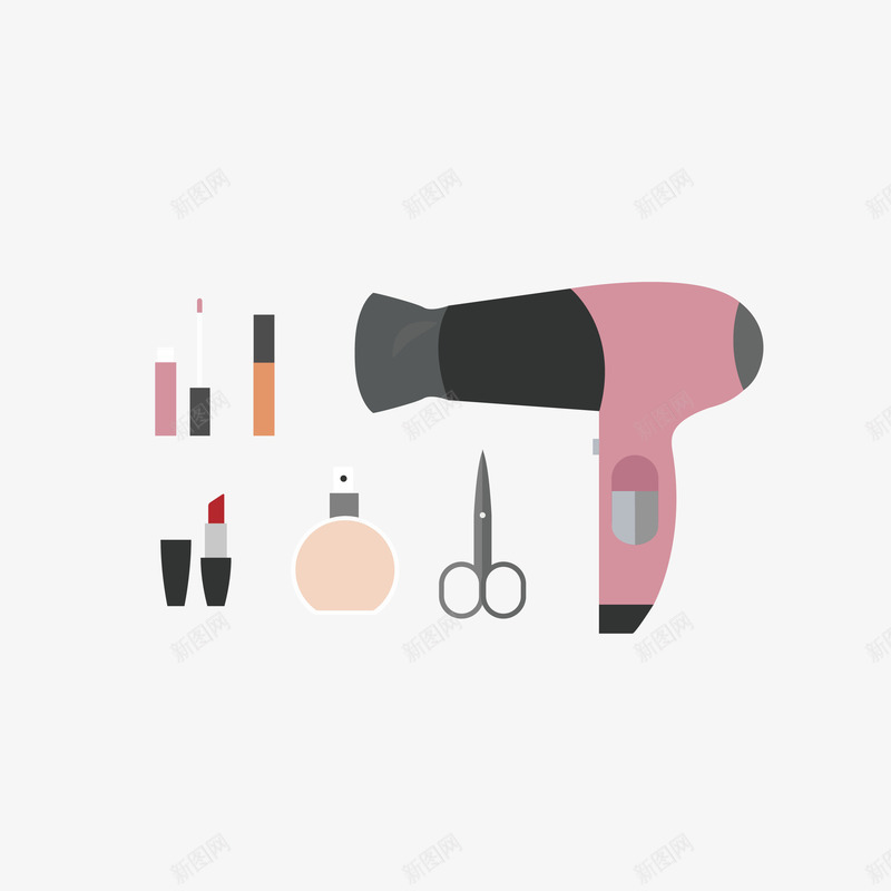 化妆品女士用品合集png免抠素材_88icon https://88icon.com 剪刀 口红 吹风机 唇彩 扁平化 香水