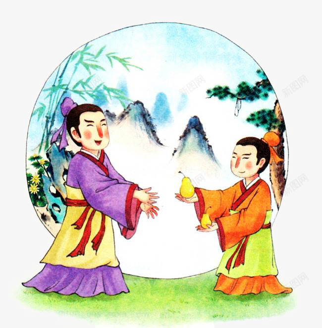 孔融让梨psd免抠素材_88icon https://88icon.com 古人 寓言故事 山 梨 水墨画 竹 草地