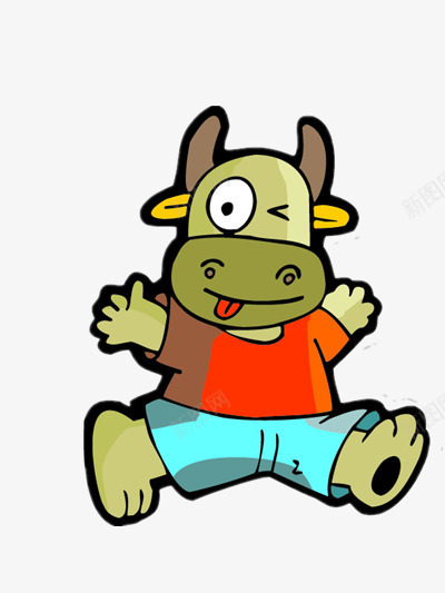 彩色的眯眼的卡通牛png免抠素材_88icon https://88icon.com 吐舌头 开心 穿衣服 素材