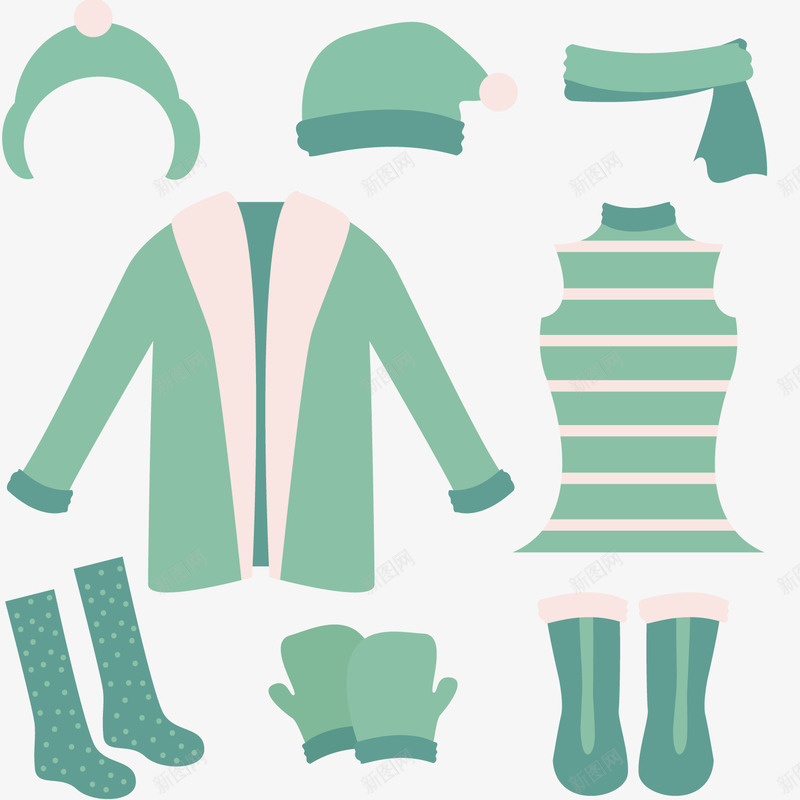 可爱的冬天的衣服矢量图ai免抠素材_88icon https://88icon.com 套装 帽子 手套 绿色 衣服 袜子 鞋子 矢量图