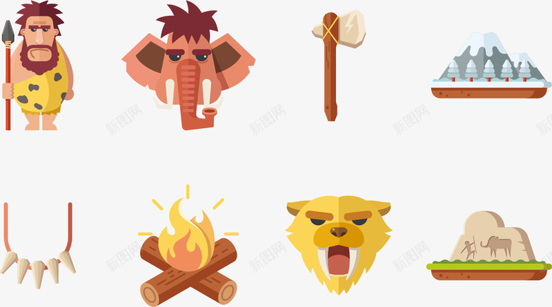原始人png免抠素材_88icon https://88icon.com 原始人 古代人类 大象 火堆 火堆元素 石斧 老虎头 野兽牙齿