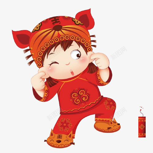 放爆竹的可爱卡通小女孩png免抠素材_88icon https://88icon.com 中国风 卡通 可爱 喜庆 小女孩 捂耳朵 放爆竹 红色衣服 老虎鞋 过年 鞭炮