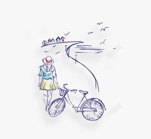 女孩和自行车素描画png免抠素材_88icon https://88icon.com 人物 大雁 女孩 背影 自行车 赏风景 风景