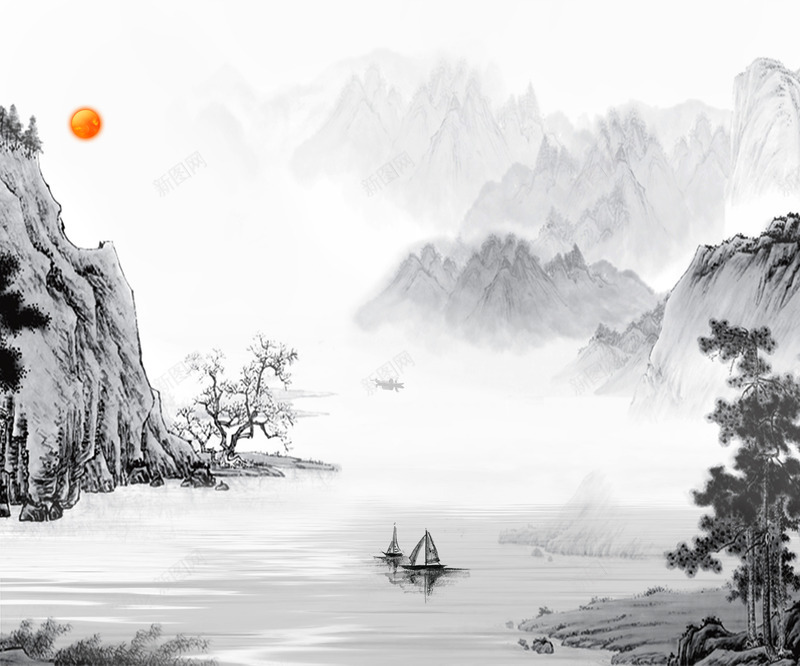 中国风水墨风景装饰图案png免抠素材_88icon https://88icon.com 中国风 夕阳 山水 山石 树木 水墨 溪流 装饰 风景
