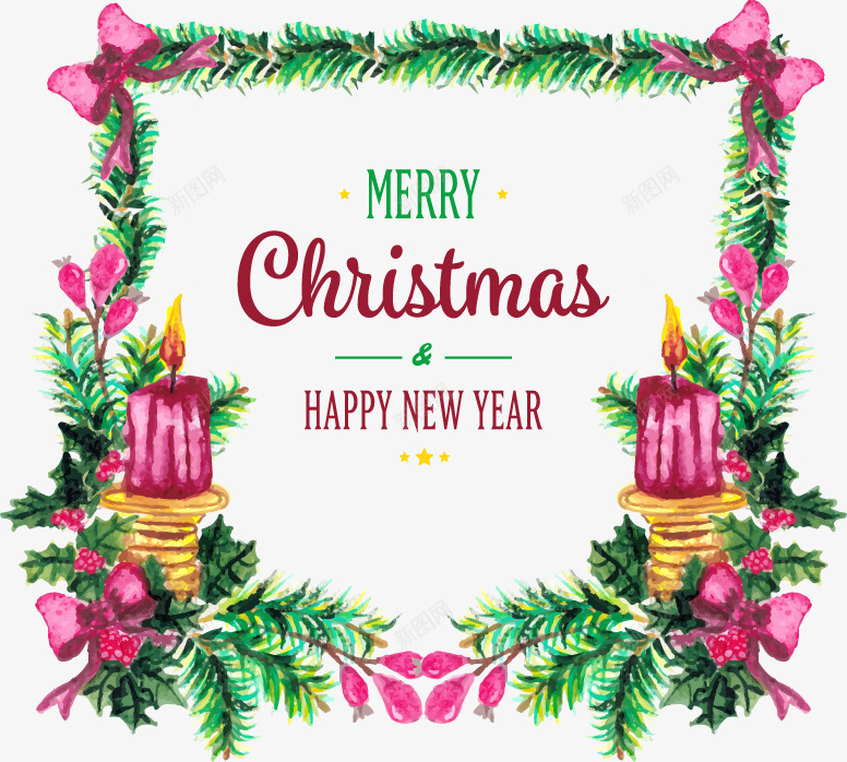 精致圣诞手绘边框矢量图eps免抠素材_88icon https://88icon.com merryChristmas 圣诞边框 树叶边框 矢量素材 粉色蜡烛 粉色蝴蝶结 矢量图