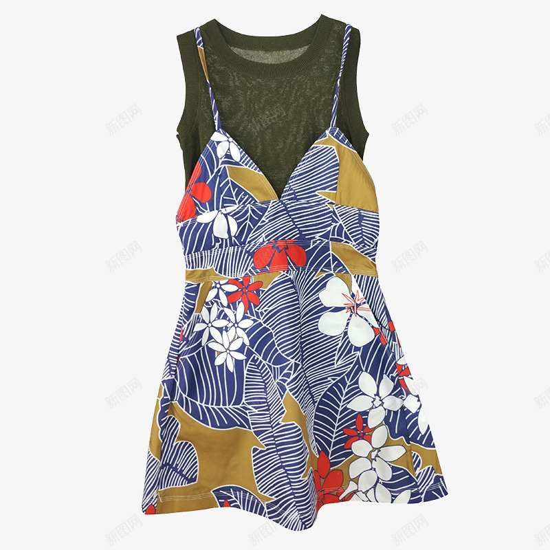 个性夏装两件套png免抠素材_88icon https://88icon.com 产品实物 吊带碎花裙 墨绿色背心