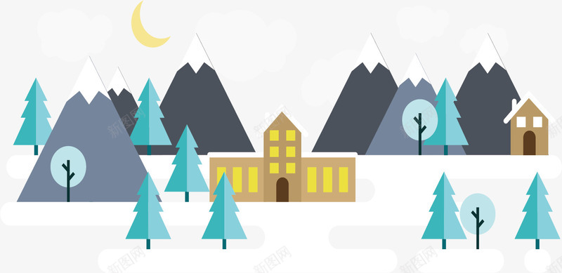 扁平冬季的夜晚png免抠素材_88icon https://88icon.com 免费png 小木屋 山林 月亮 雪地