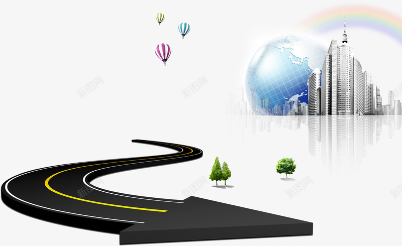 科技展架psd免抠素材_88icon https://88icon.com 公路 小树 建筑 彩虹 热气球 箭头 道路