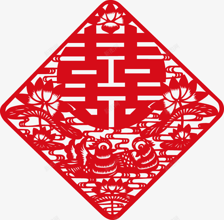 中国剪纸艺术png免抠素材_88icon https://88icon.com 中国剪纸艺术 传统文化 传统花纹 囍 囍字 春节 窗花 红心 荷花