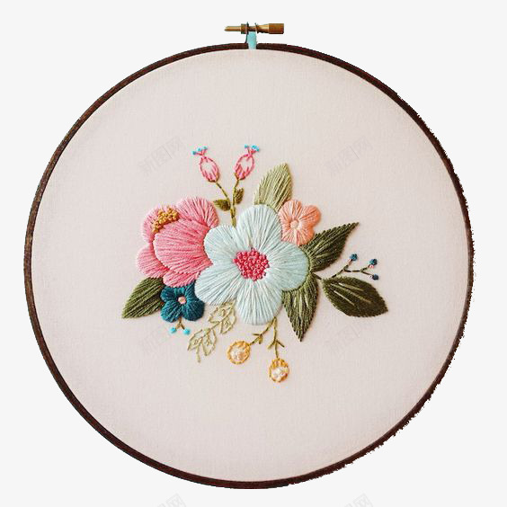 花朵刺绣图png免抠素材_88icon https://88icon.com 白花 粉花 绿叶 花骨朵