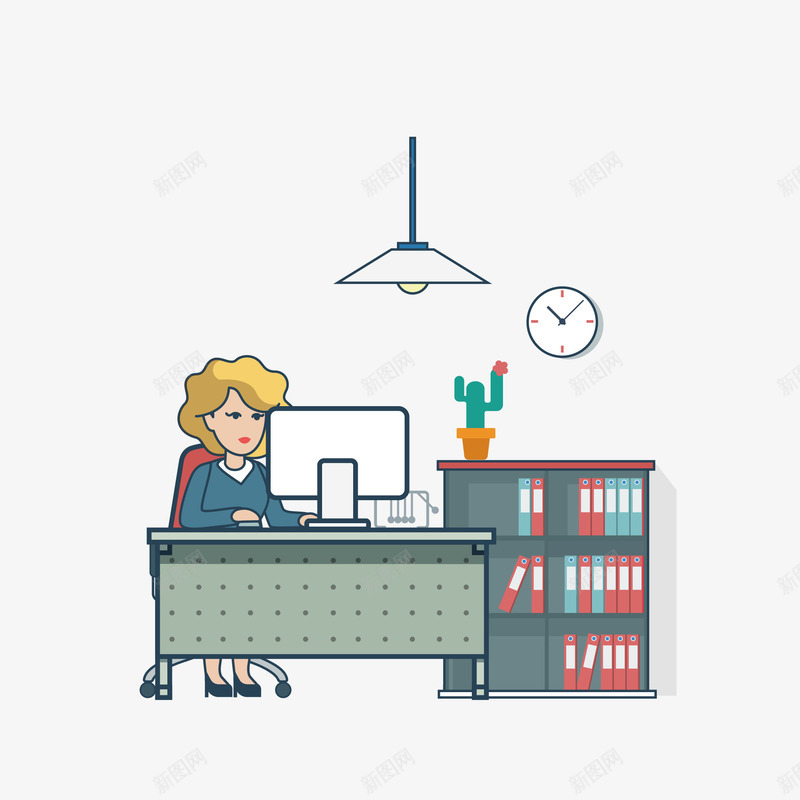 卡通上班办公室矢量图eps免抠素材_88icon https://88icon.com png上班 书柜 卡通 吊灯 手绘 文件柜 桌子 看电脑 闹钟 矢量图