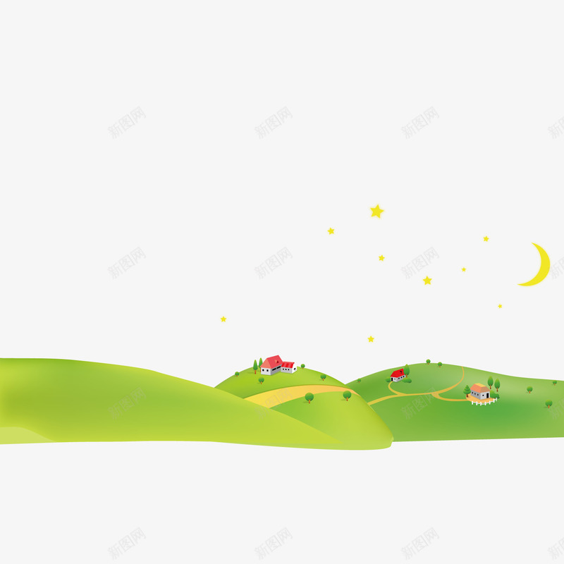 村庄的夜晚png免抠素材_88icon https://88icon.com 夜晚 星星 月亮 植物 绿色