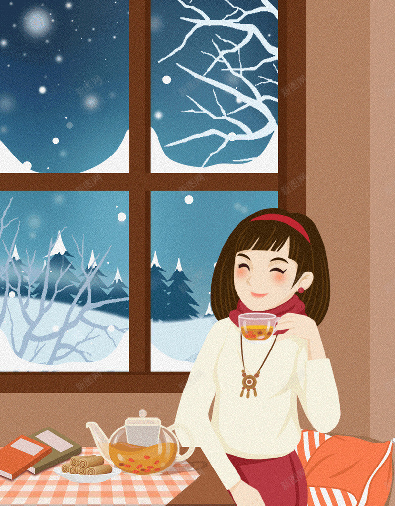 手绘冬季在家喝茶赏雪过冬psd免抠素材_88icon https://88icon.com 冬天 喝茶 女士 手绘人物 手绘元素图 窗户 立冬 赏雪