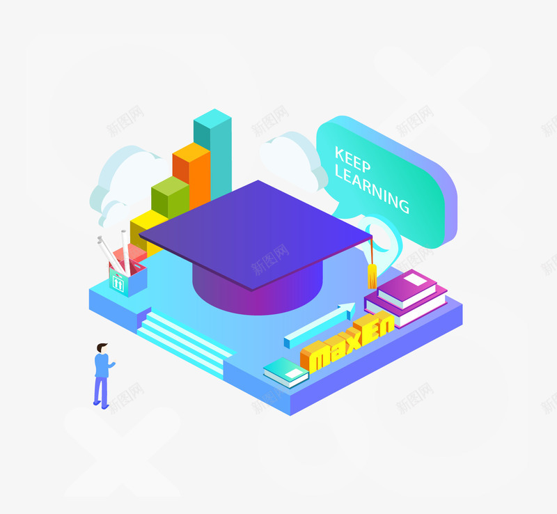 25D立体插画创意学习矢量图ai免抠素材_88icon https://88icon.com 25D立体插画 书本 人物 博士帽 图表 学习 矢量图