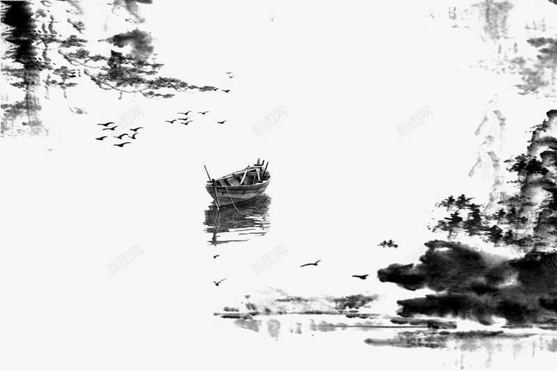 黑白风景画png免抠素材_88icon https://88icon.com 偏僻 冬天 安静 山 水 简约 船 雪地 鸟 黑白