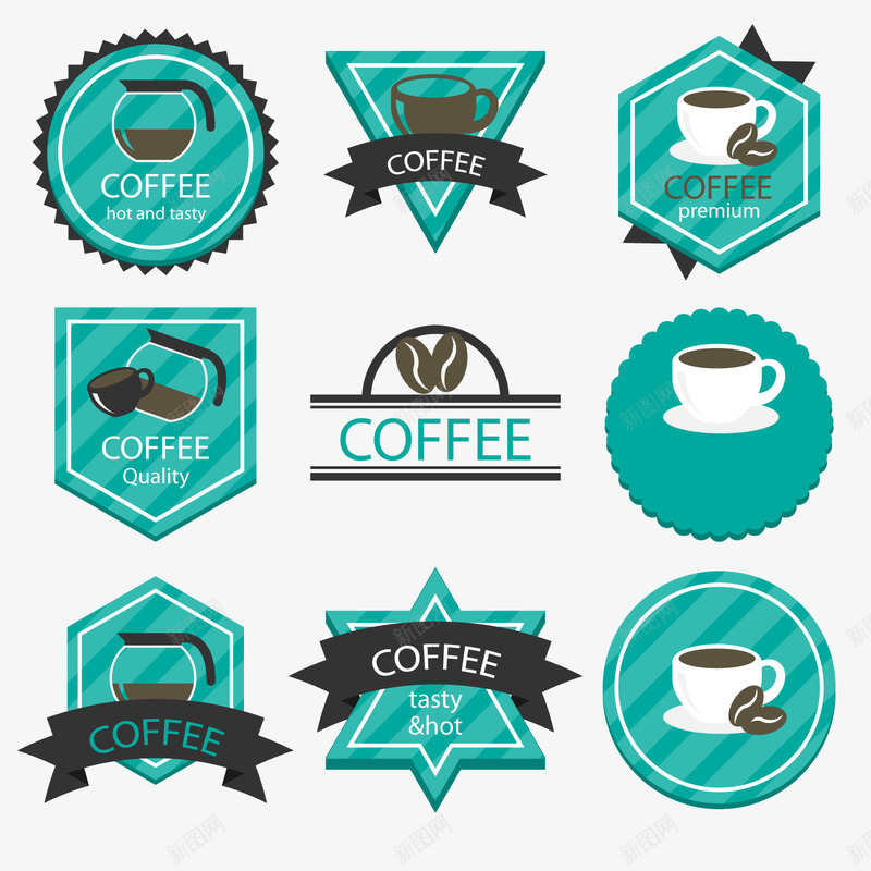 蓝绿色咖啡标签矢量图ai免抠素材_88icon https://88icon.com 咖啡标志 咖啡标签 圆形 标签 绿色 矢量图