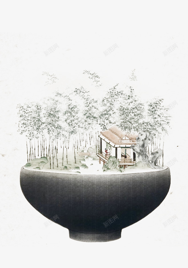 中国风杯中趣png免抠素材_88icon https://88icon.com 中国画 中国风 中国风杯中趣 亭台楼阁 寺庙 工笔画 庙宇 树林 森林 陶瓷碗