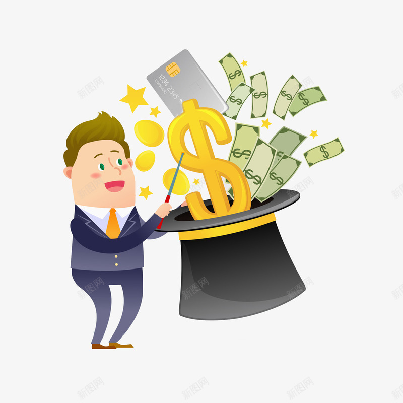魔术师帽子png免抠素材_88icon https://88icon.com 信用卡 变魔术的男子 帽子 手绘 男人 金币符号 钞票 魔术师 黄色领带