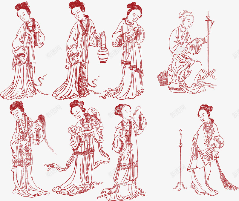 红色线描仕女矢量图eps免抠素材_88icon https://88icon.com 仕女图 古代仕女图 图书插图 矢量图 红色 红色矢量 线描 装饰 装饰矢量