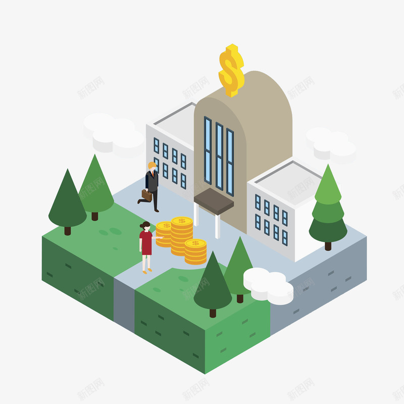 扁平风立体银行图png免抠素材_88icon https://88icon.com 卡通 扁平风 插图 理财中心 立体的 银行大楼