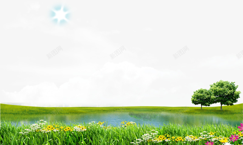 春天湖景png免抠素材_88icon https://88icon.com 初春焕彩 小菊花 小野花 春天 春季 树 树林 河 湖 湖景 白云 花丛 花草 草丛 蓝天 路边的小野花 遍地野花 野花