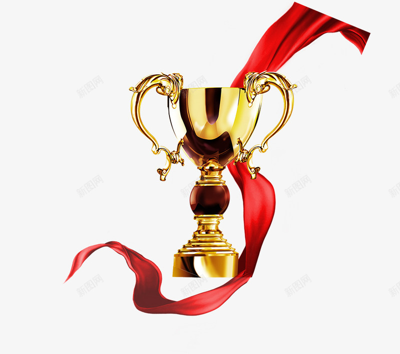 红丝带奖杯png免抠素材_88icon https://88icon.com 奖杯 奖杯素材 红丝带 资质荣誉 金杯 黄金杯子