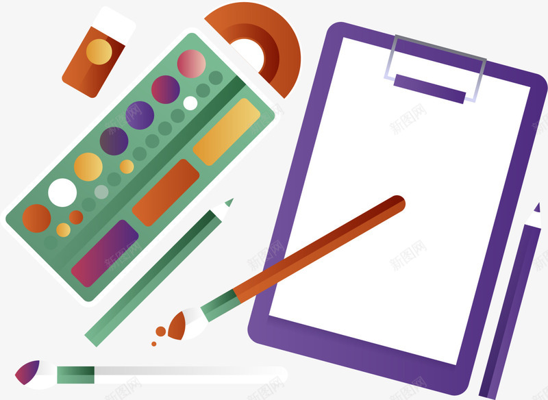 开学季各式学习用品png免抠素材_88icon https://88icon.com 各式学习用品 开学季 紫色纸张 绘画工具 绿色画板 补习班