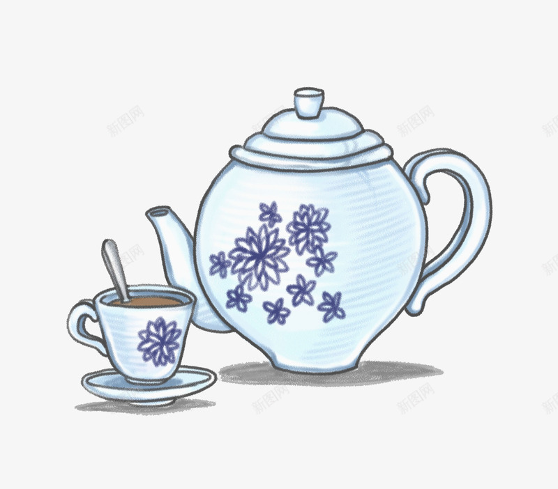 蓝色水壶png免抠素材_88icon https://88icon.com 中国风 杯具 杯子 水壶 水彩 沏茶 花纹 茶具 茶壶