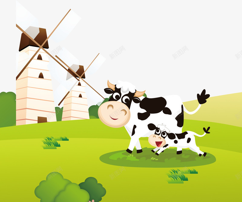 草地奶牛psd免抠素材_88icon https://88icon.com 奶牛 草原 草地 风车