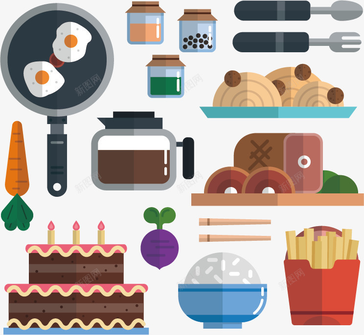 扁平化食物和厨具矢量图ai免抠素材_88icon https://88icon.com 厨具 扁平化 火腿 米饭 糕点 薯条 蛋糕 食物 饼干 矢量图