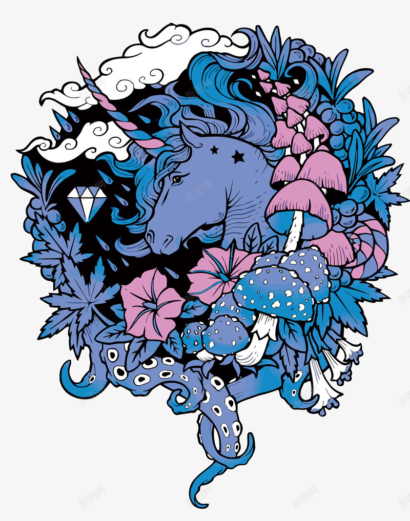 独角兽png免抠素材_88icon https://88icon.com PNG图片 PNG图片素材 PNG素材 PNG素材免费下载 喇叭花 梦幻 独角兽 蓝色 蘑菇 魔幻