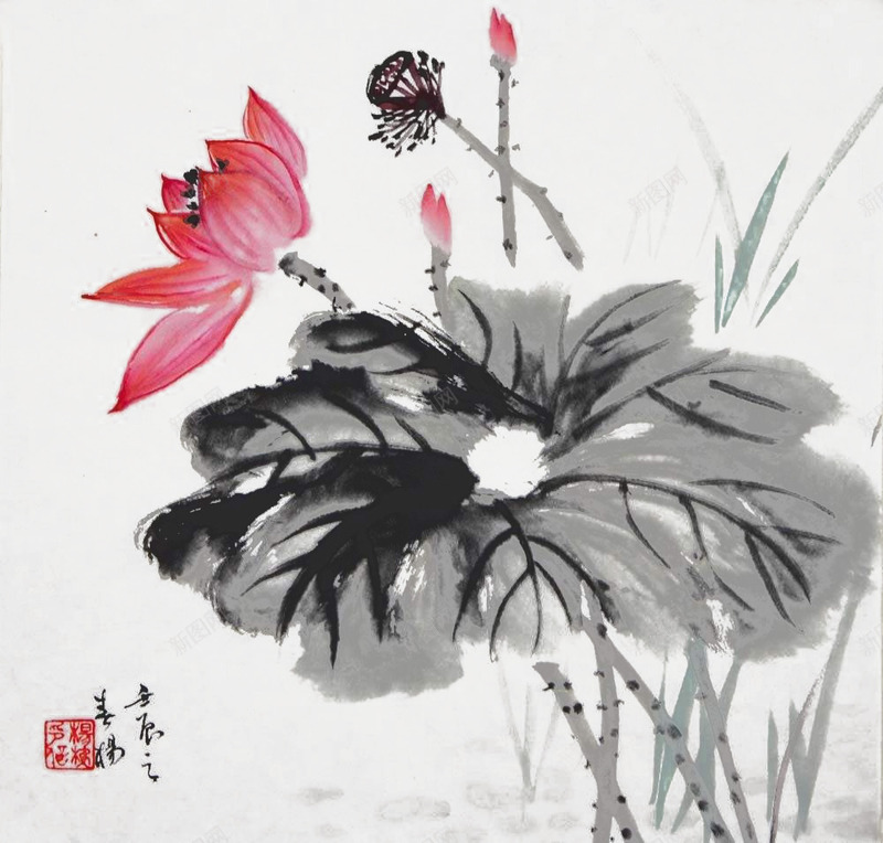 水墨荷叶上的荷花png免抠素材_88icon https://88icon.com 国画荷花 植物 水墨画 竹子荷花荷叶满池塘 红色印章 绿植 荷叶 荷花