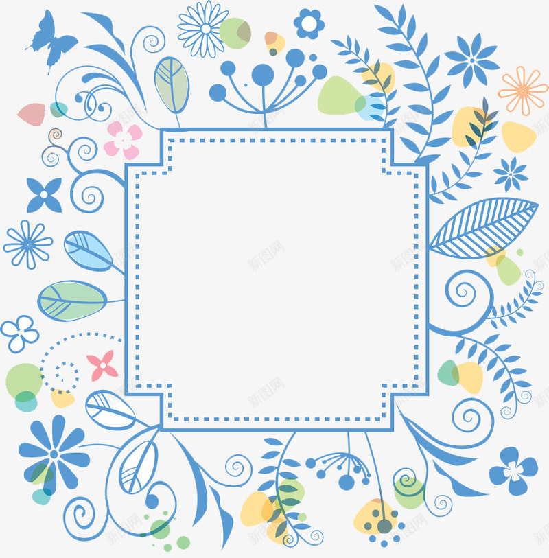 手绘蓝色植物边框装饰png免抠素材_88icon https://88icon.com 创意 卡通手绘 叶子 唯美 底纹 水彩 蓝色 装饰 边框