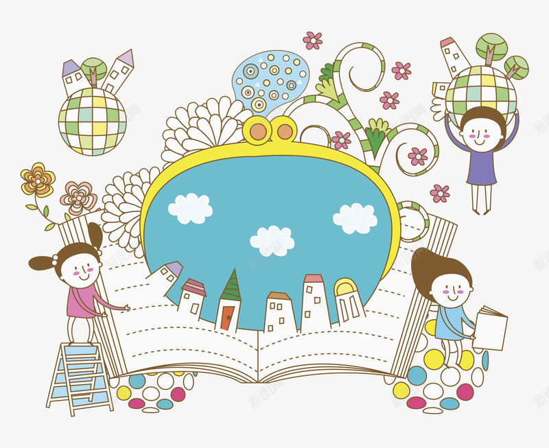 孩子通过书看世界png免抠素材_88icon https://88icon.com 书本 卡通 可爱 孩子 彩色 手绘 楼梯 白云