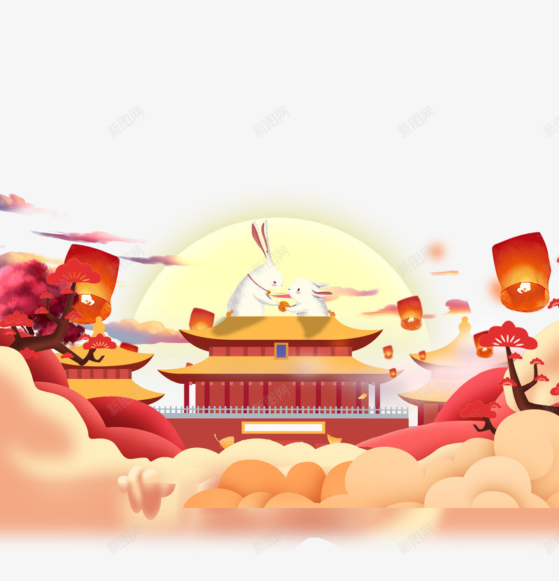 中秋手绘中国风海报装饰背景元素psd_88icon https://88icon.com 中国风 中秋佳节 创意设计 手绘 月宫 海报背景装饰 满月 灯笼 祥云