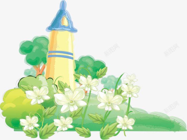 手绘水彩草地城堡矢量图ai免抠素材_88icon https://88icon.com 创意卡通 创意设计 装饰图案 矢量图