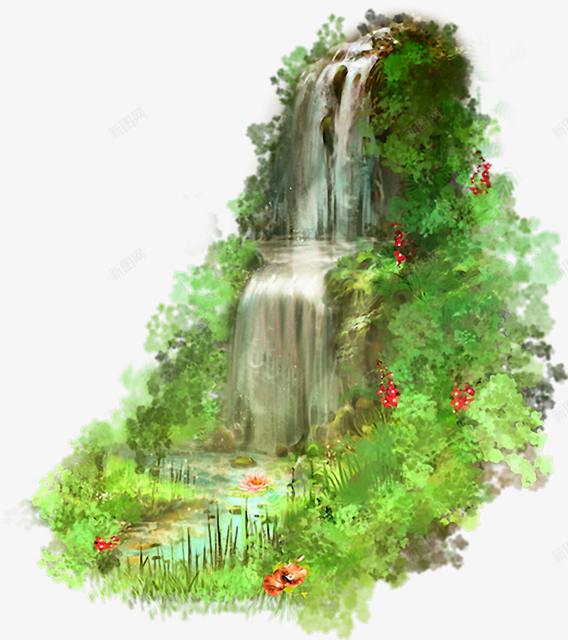 手绘浪漫高山流水png免抠素材_88icon https://88icon.com 森林 溪流 瀑布 绿色植物 花朵 高山流水图案