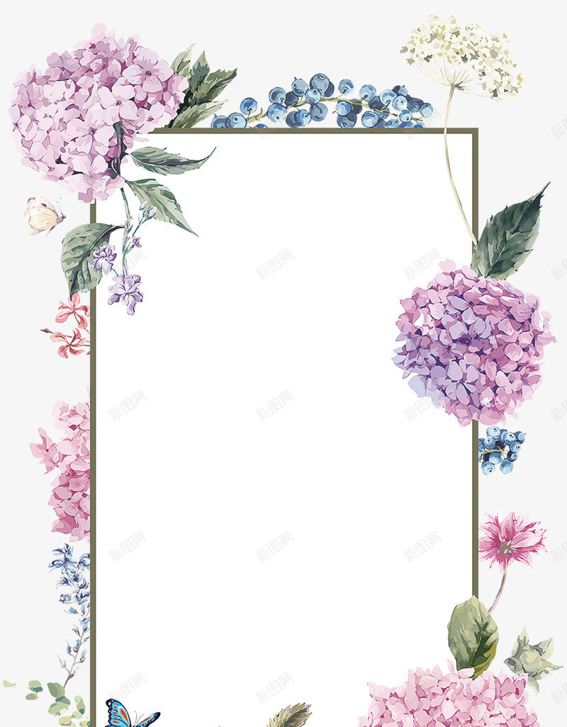 手绘绣球花装饰边框psd免抠素材_88icon https://88icon.com 叶子装饰边框 小清新 手绘画 手绘花草 手绘边框 树叶边框 花朵边框