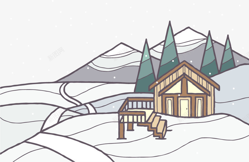 扁平山里的木屋矢量图ai免抠素材_88icon https://88icon.com 免扣png素材 免费png素材 冬天飘雪 冬季 林中木屋 矢量图