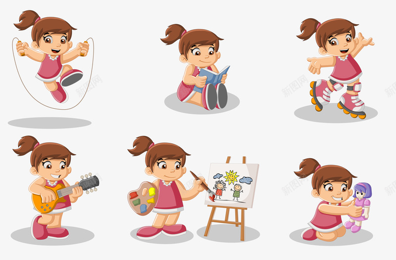 卡通女孩矢量图ai免抠素材_88icon https://88icon.com 人物模型 儿童 动画片 卡通人物 可爱的卡通儿童设计矢量素材 女孩 学习 孩子 幼儿 弹吉他 溜冰 爱好 玩娃娃 画画 看书 矢量人物 矢量素材 跳绳 矢量图